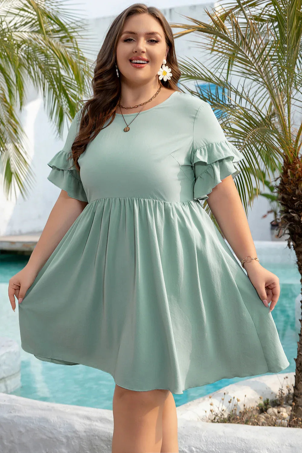 Grass Green Ruffle Trim Short Sleeve Plus Size Flared Mini Dress - MarkoFit