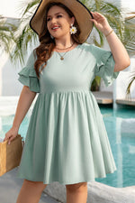 Grass Green Ruffle Trim Short Sleeve Plus Size Flared Mini Dress - MarkoFit
