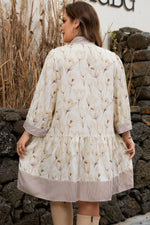 Khaki Plus Size Floral Print Striped Trim Patchwork Button Down A-line Dress - MarkoFit