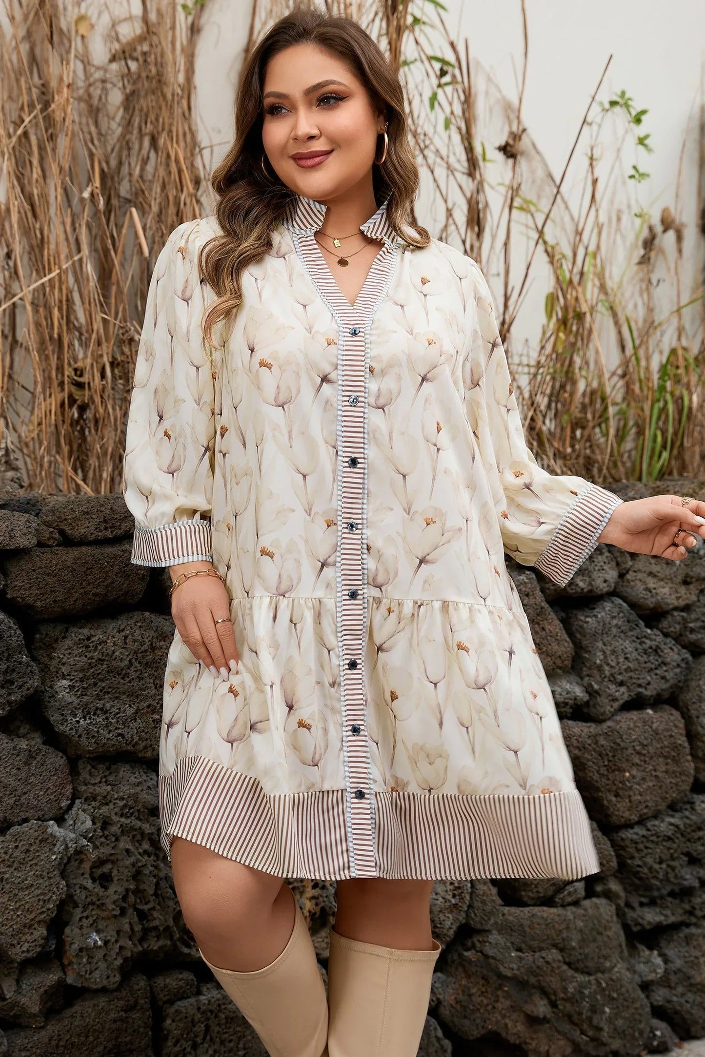 Khaki Plus Size Floral Print Striped Trim Patchwork Button Down A-line Dress - MarkoFit