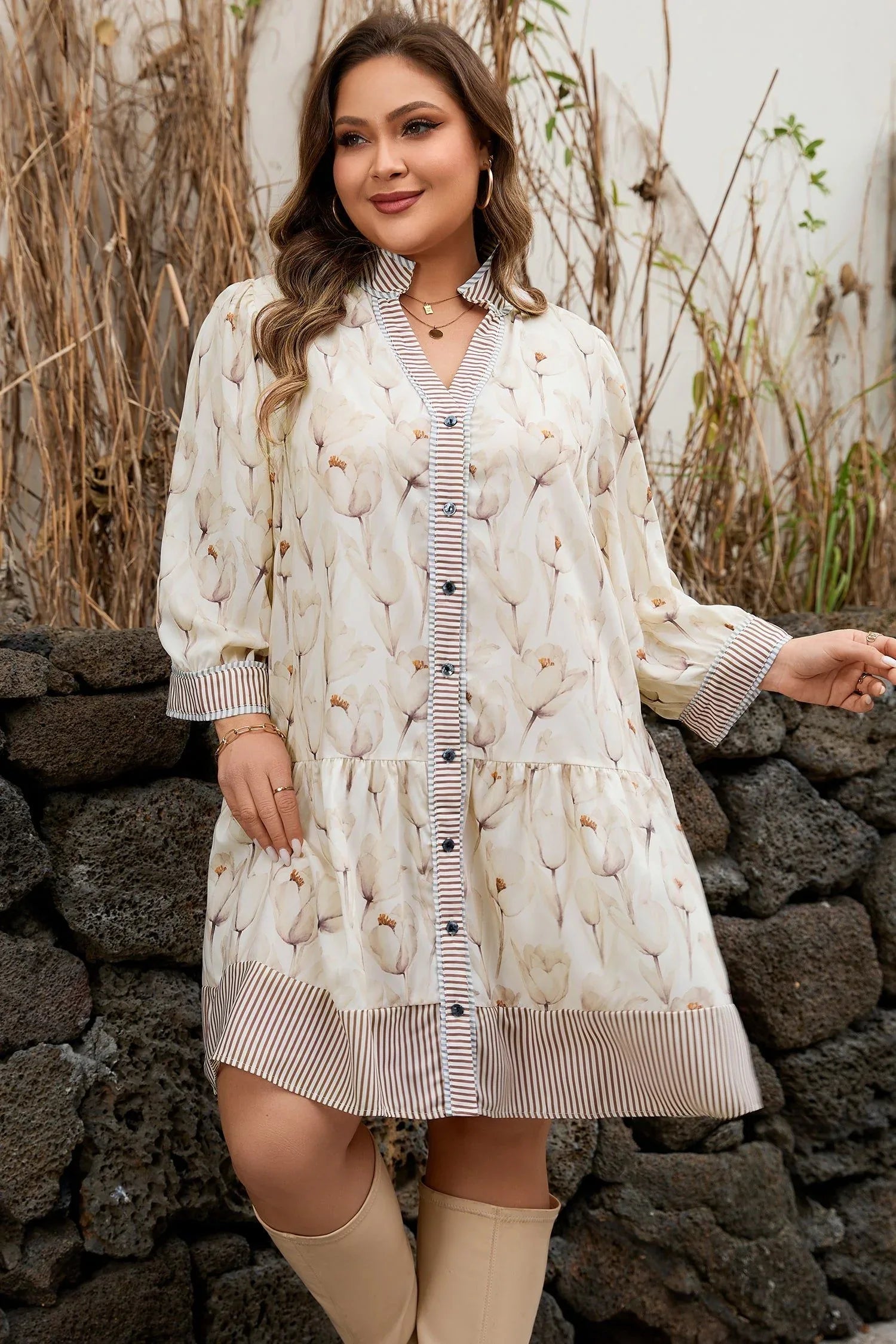 Khaki Plus Size Floral Print Striped Trim Patchwork Button Down A-line Dress - MarkoFit