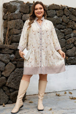 Khaki Plus Size Floral Print Striped Trim Patchwork Button Down A-line Dress - MarkoFit