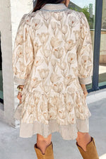 Khaki Plus Size Floral Print Striped Trim Patchwork Button Down A-line Dress - MarkoFit