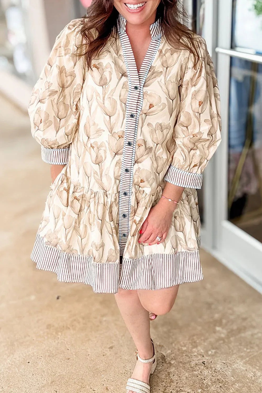 Khaki Plus Size Floral Print Striped Trim Patchwork Button Down A-line Dress - MarkoFit