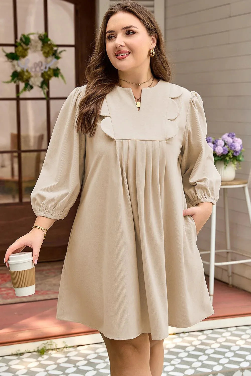 Parchment Notched Neck Scallop Detail Plus Size Mini Dress - MarkoFit