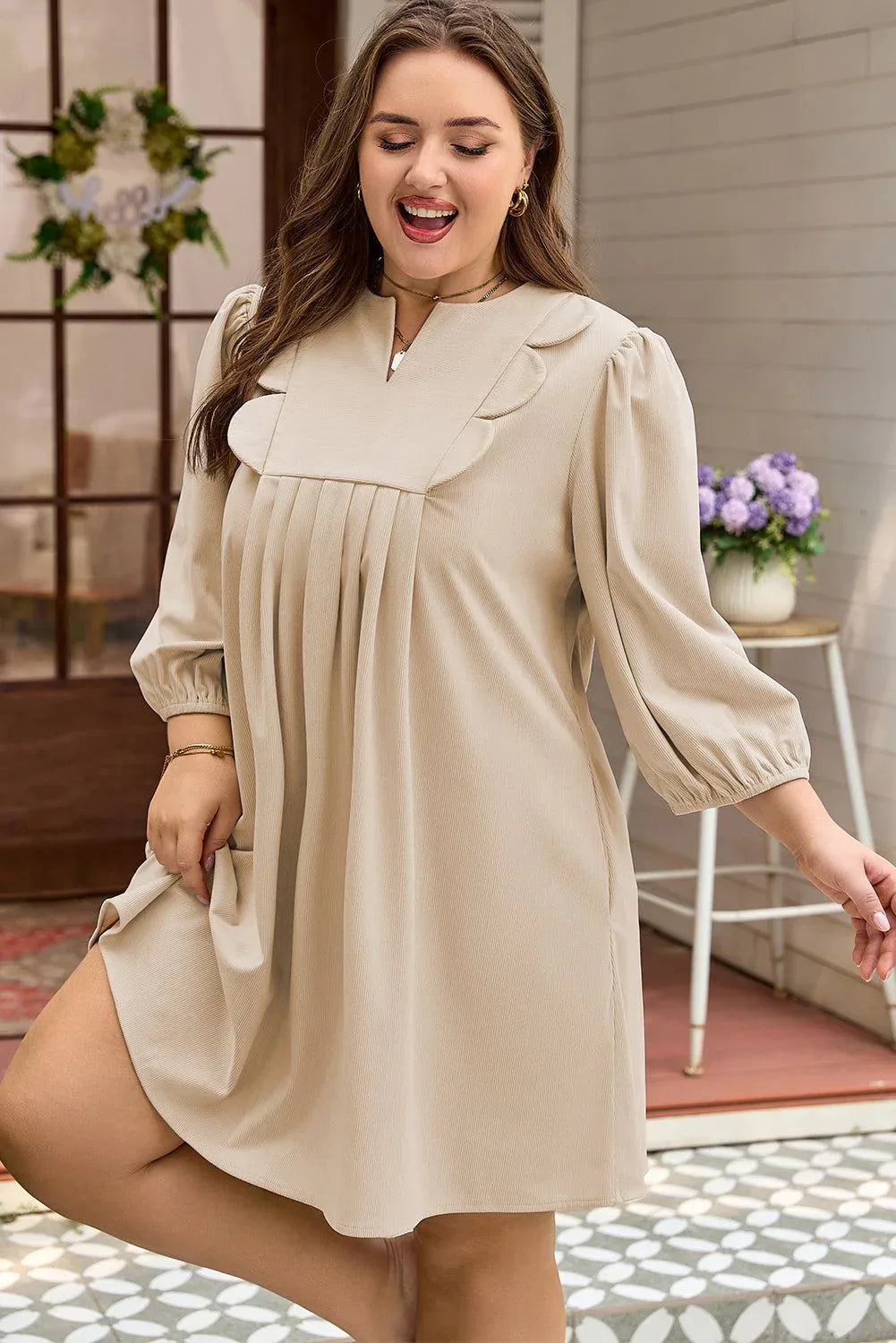 Parchment Notched Neck Scallop Detail Plus Size Mini Dress - MarkoFit