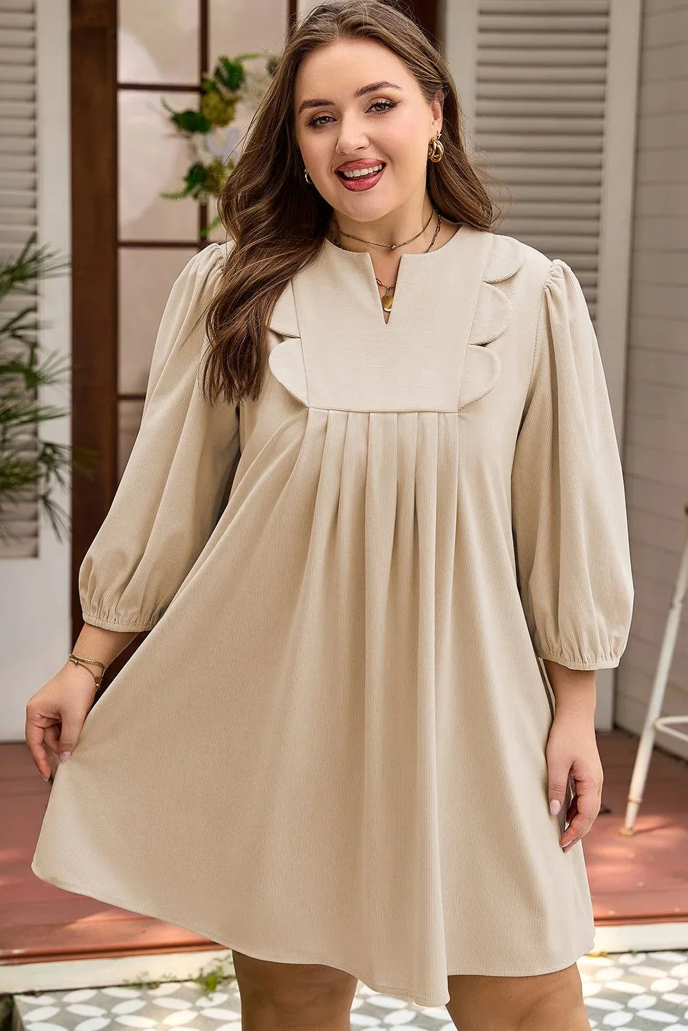 Parchment Notched Neck Scallop Detail Plus Size Mini Dress - MarkoFit