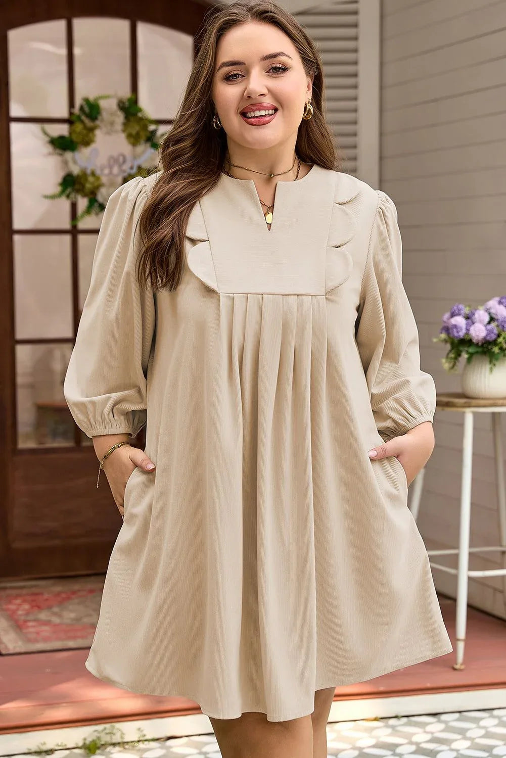 Parchment Notched Neck Scallop Detail Plus Size Mini Dress - MarkoFit