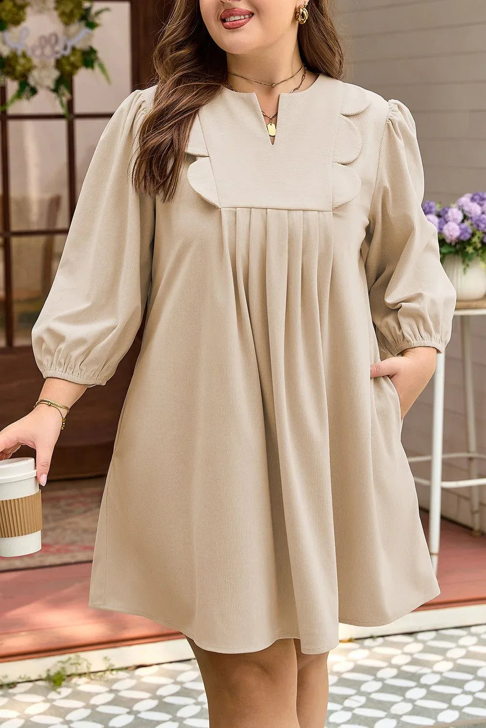 Parchment Notched Neck Scallop Detail Plus Size Mini Dress - MarkoFit