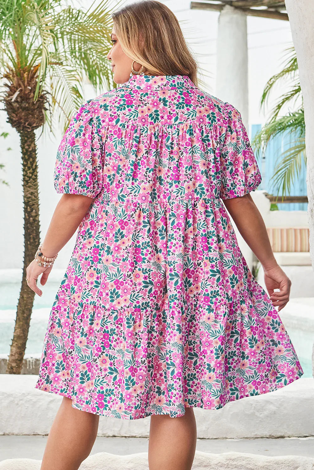 Pink Plus Size Floral Half Button Short Puff Sleeve A-line Dress - MarkoFit