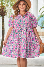 Pink Plus Size Floral Half Button Short Puff Sleeve A-line Dress - MarkoFit