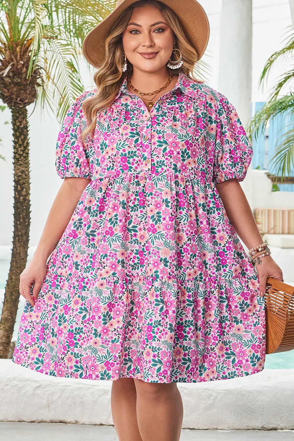 Pink Plus Size Floral Half Button Short Puff Sleeve A-line Dress - MarkoFit