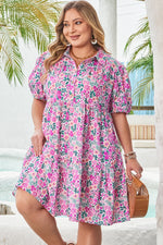 Pink Plus Size Floral Half Button Short Puff Sleeve A-line Dress - MarkoFit
