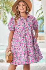 Pink Plus Size Floral Half Button Short Puff Sleeve A-line Dress - MarkoFit