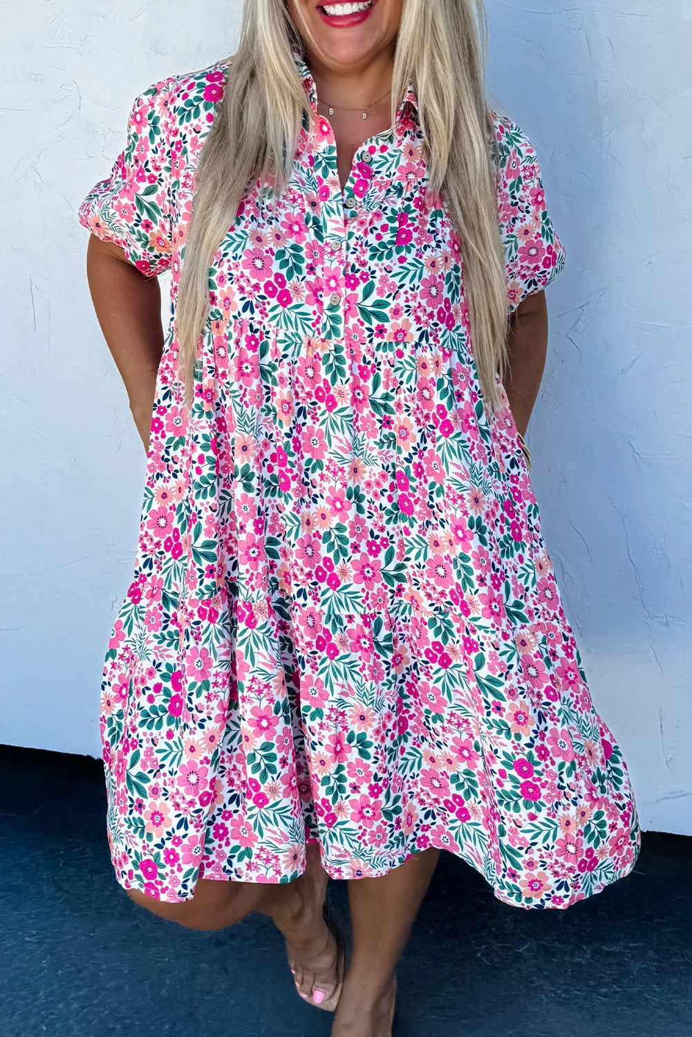 Pink Plus Size Floral Half Button Short Puff Sleeve A-line Dress - MarkoFit