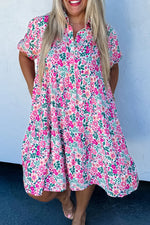 Pink Plus Size Floral Half Button Short Puff Sleeve A-line Dress - MarkoFit