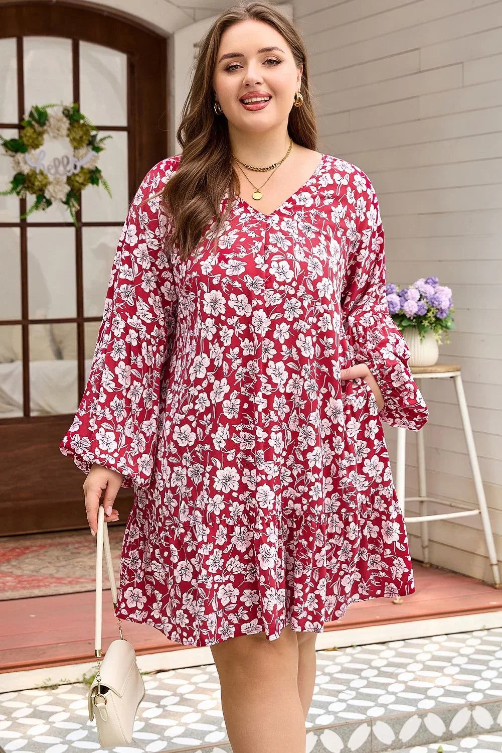 Purple Plus Floral Balloon Sleeve V Neck Relaxed Dress - MarkoFit
