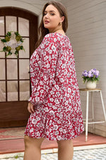 Purple Plus Floral Balloon Sleeve V Neck Relaxed Dress - MarkoFit