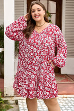 Purple Plus Floral Balloon Sleeve V Neck Relaxed Dress - MarkoFit