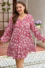 Purple Plus Floral Balloon Sleeve V Neck Relaxed Dress - MarkoFit