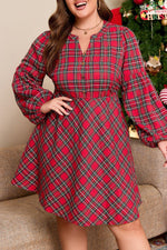 Red Plus Size Plaid Half Button Long Sleeve Holiday Dress - MarkoFit