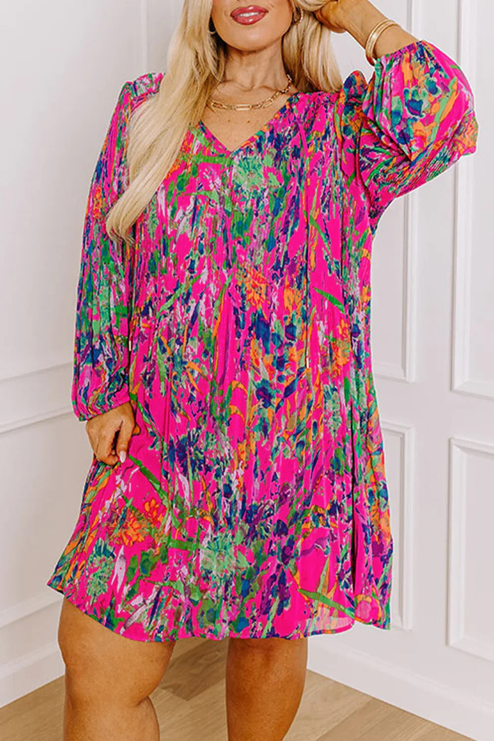 Rose Plus Size Abstract Floral Print Pleated Loose Dress - MarkoFit