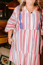 White Stripe Plus Size Embroidered Detail Flared 3/4 Sleeve V Neck Dress - MarkoFit