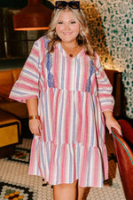 White Stripe Plus Size Embroidered Detail Flared 3/4 Sleeve V Neck Dress - MarkoFit