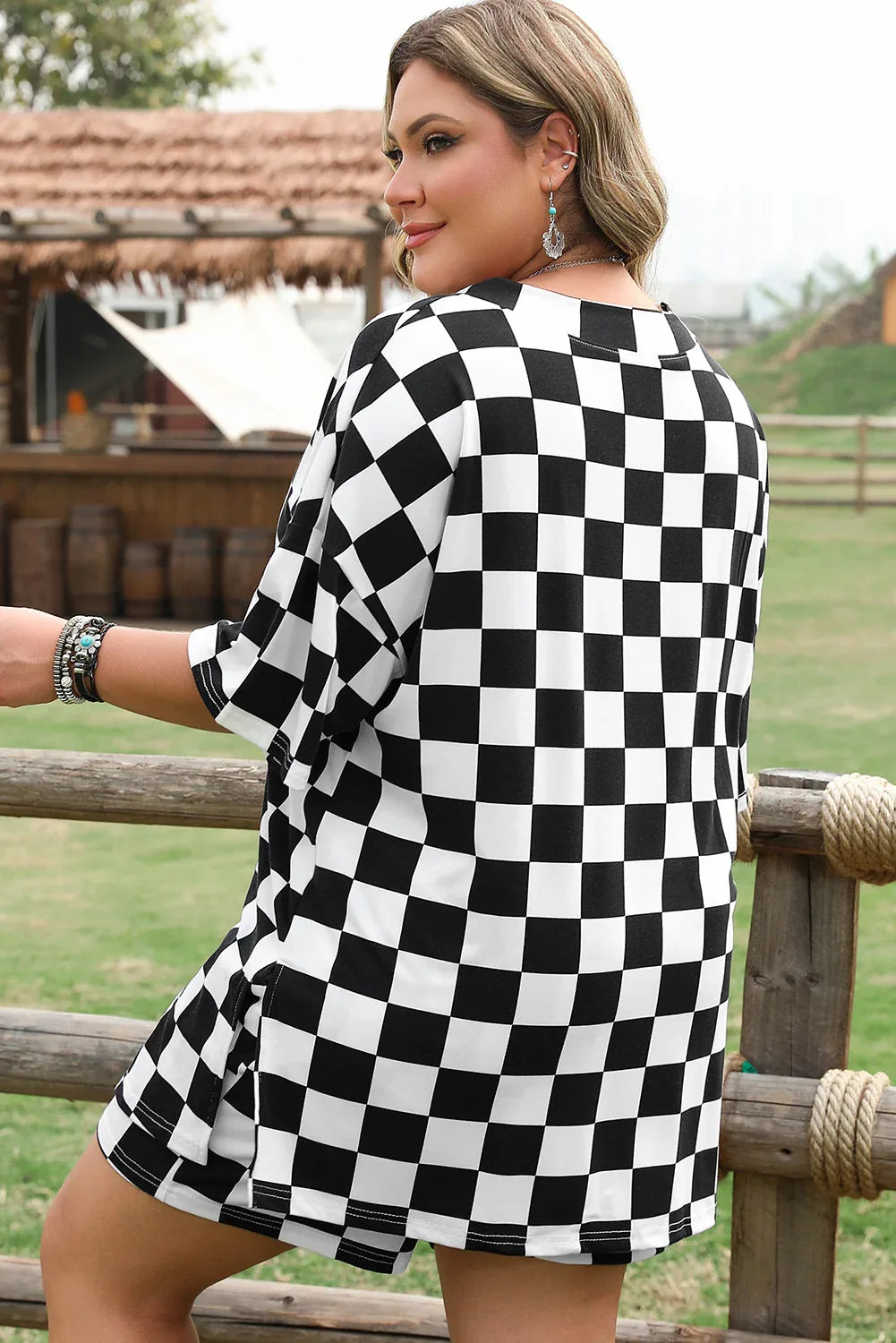 Black Checkered Pattern Tee and Shorts Plus Size Two Piece Set - MarkoFit