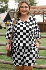 Black Checkered Pattern Tee and Shorts Plus Size Two Piece Set - MarkoFit