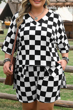 Black Checkered Pattern Tee and Shorts Plus Size Two Piece Set - MarkoFit