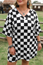 Black Checkered Pattern Tee and Shorts Plus Size Two Piece Set - MarkoFit