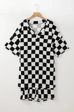Black Checkered Pattern Tee and Shorts Plus Size Two Piece Set - MarkoFit