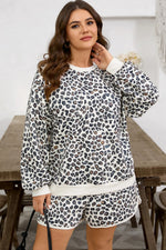 Khaki Plus Size Leopard Loose Pullover Casual Shorts 2pcs Outfit - MarkoFit