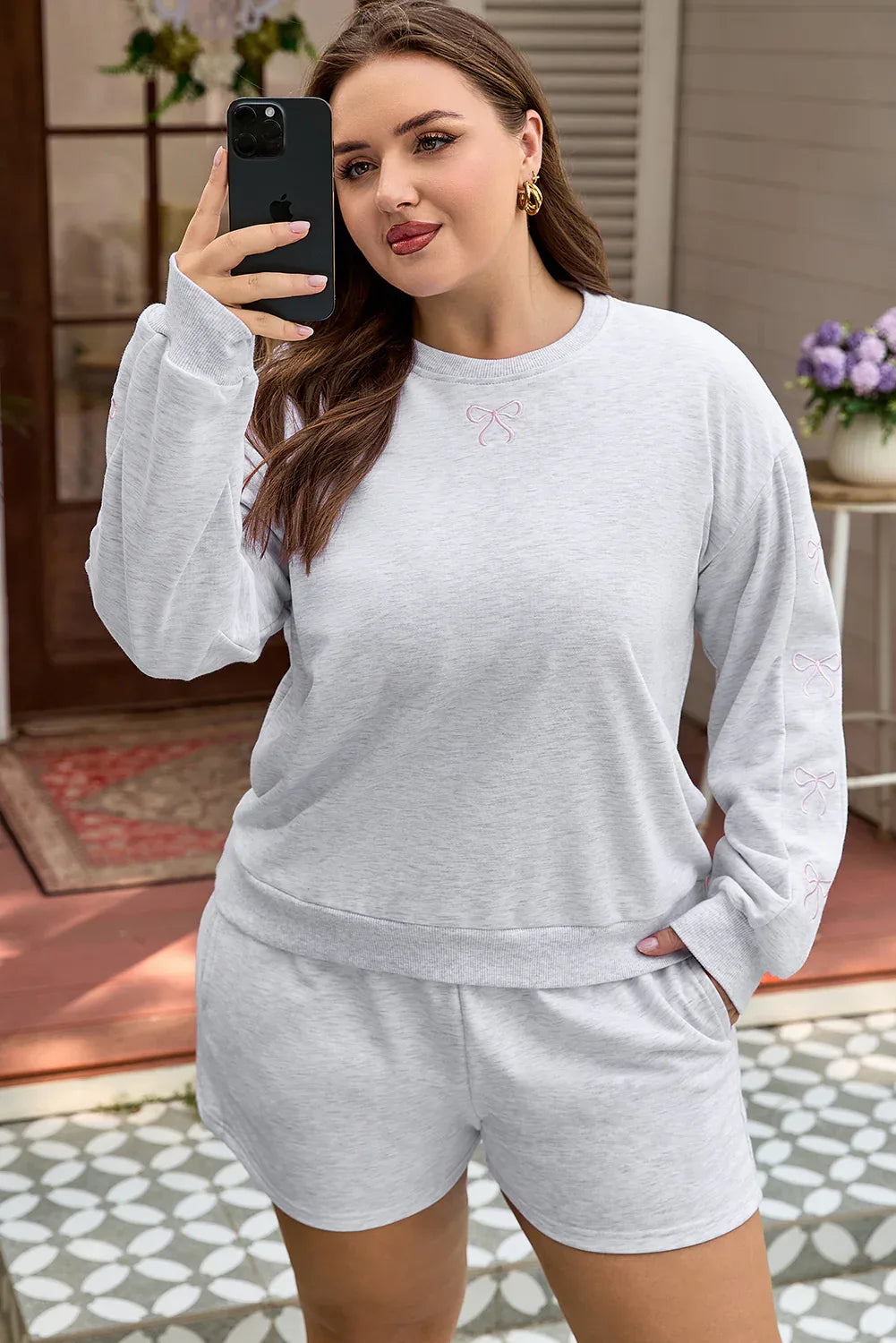 Light Grey Girly Bow Embroidered Puff Sleeve Pullover Loose Shorts Plus 2pcs Outfit - MarkoFit