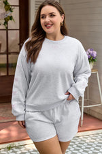Light Grey Girly Bow Embroidered Puff Sleeve Pullover Loose Shorts Plus 2pcs Outfit - MarkoFit