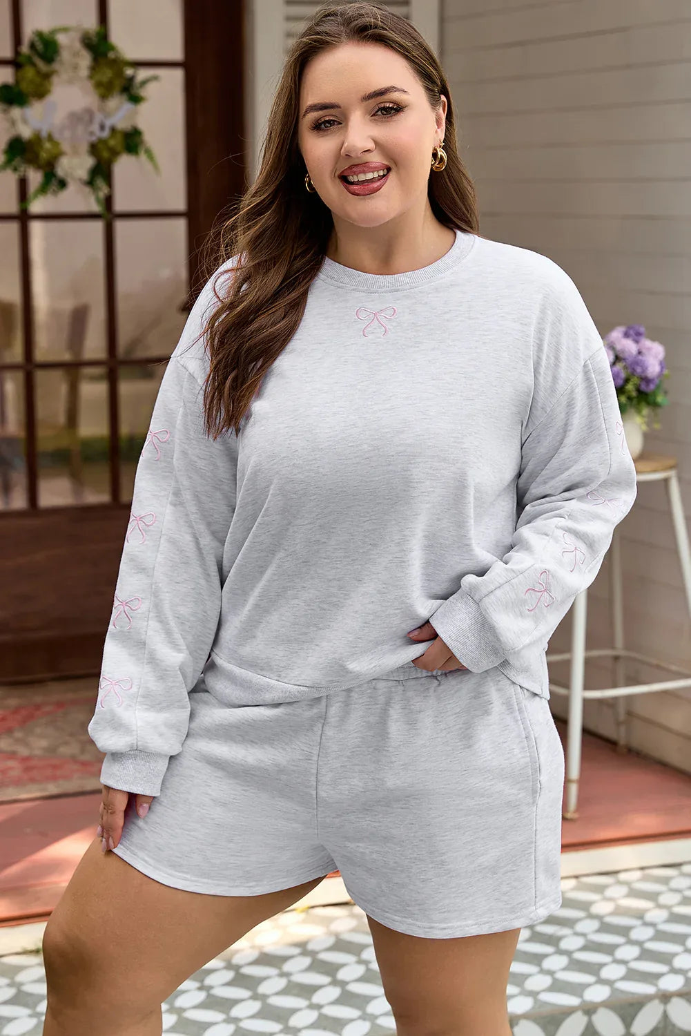 Light Grey Girly Bow Embroidered Puff Sleeve Pullover Loose Shorts Plus 2pcs Outfit - MarkoFit