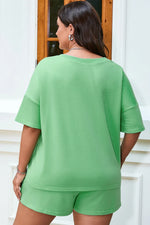 Mint Green Plus Size V Neck Tee Patched Pocket Drawstring Shorts Set - MarkoFit