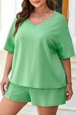 Mint Green Plus Size V Neck Tee Patched Pocket Drawstring Shorts Set - MarkoFit