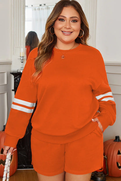 Orange Plus Size Varsity Striped Drop Shoulder Pullover Drawstring Elastic Waistband Short Set - MarkoFit