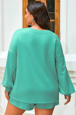 Sea Green Drop Shoulder V Neck Pullover Top and Drawstring Short Plus Size Set - MarkoFit