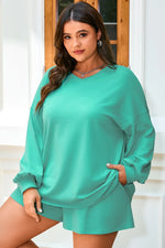 Sea Green Drop Shoulder V Neck Pullover Top and Drawstring Short Plus Size Set - MarkoFit