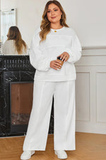 White Textured Raw Seam Plus Size Pullover Top and Drawstring Pants Set - MarkoFit