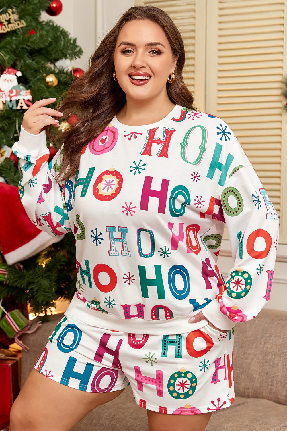 White Plus Size Christmas Ho Ho Ho Print Long Sleeve Top and Shorts 2pc Lounge Set - MarkoFit