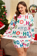 White Plus Size Christmas Ho Ho Ho Print Long Sleeve Top and Shorts 2pc Lounge Set - MarkoFit