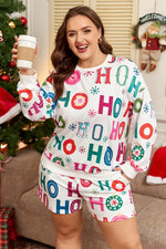 White Plus Size Christmas Ho Ho Ho Print Long Sleeve Top and Shorts 2pc Lounge Set - MarkoFit