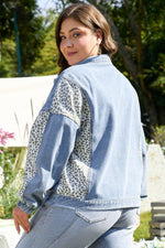 Beau Blue Leopard Patchwork Flap Detail Plus Size Denim Jacket - MarkoFit