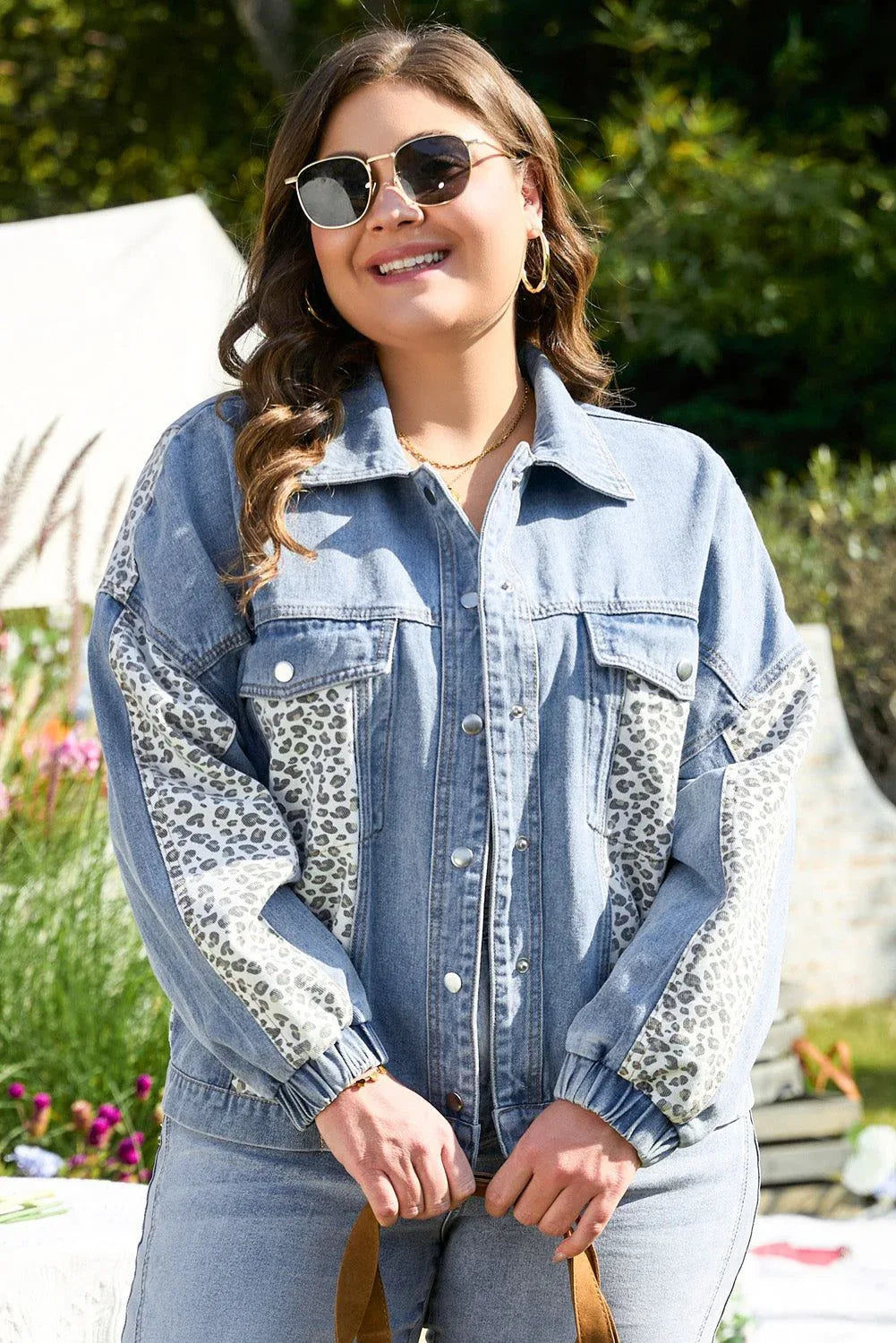 Beau Blue Leopard Patchwork Flap Detail Plus Size Denim Jacket - MarkoFit