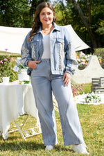 Beau Blue Leopard Patchwork Flap Detail Plus Size Denim Jacket - MarkoFit