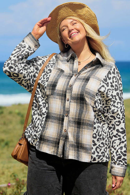 Black Plus Size Plaid Leopard Printed Patchwork Button Up Shacket - MarkoFit